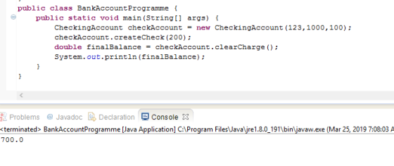 public class BankAccountProgramme t e public static void main (String] args) t CheckingAccount checkAccount = new CheckingAcc