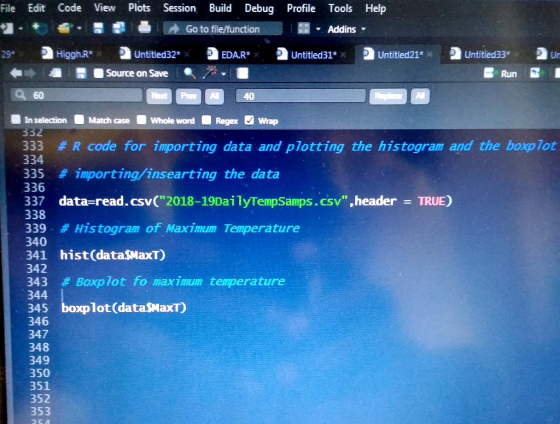 File Edit Code View Plots Session Build Debug Profile Tools Help Go to file/function Addins Next PREV 40 Higgh.R* Untitled32*