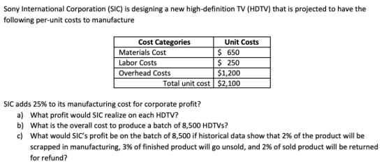 Sony International Corporation (SIC) is designing a new high-definition TV (HDTV) that is projected to have the following per