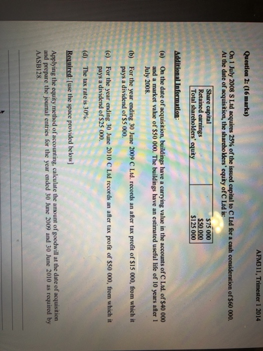 AFM311, Trimester 1 2014 Question 2: (16 marks) On 1 July 2008 S Ltd acquires 25% of the issued capital to C Ltd for a cash consideration of $60 000. At the date of acquisition, the shareholders equity of C Ltd is: capital $75 000 Total shareholders equity $50 000 $125 000 Additional Information On the date of acquisition, buildings have a carrying value in the accounts of C Ltd. of $40 000 and a market value of $50 000. The buildings have an estimated useful life of 10 years after 1 July 2008. (a) (b) For the year ending 30 June 2009 C Ltd. records an after tax profit of S15 000, from which it (c) For the year ending 30 June 2010 C Ltd records an after tax profit of $50 000, from which it (d) The tax rate is 30%. Reguired: [use the space provided below] pays a dividend of S5 000. pays a dividend of $25 000. Applying the equity method ofaccounting, calculate the amount of goodwill at the date of acquisition and prepare the jounal entries for the year ended 30 June 2009 and 30 June 2010 as required by AASB128