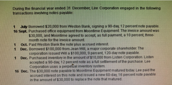 During the financial year ended 31 December, Lee Corporation engaged in the following transactions involving notes payable: 1