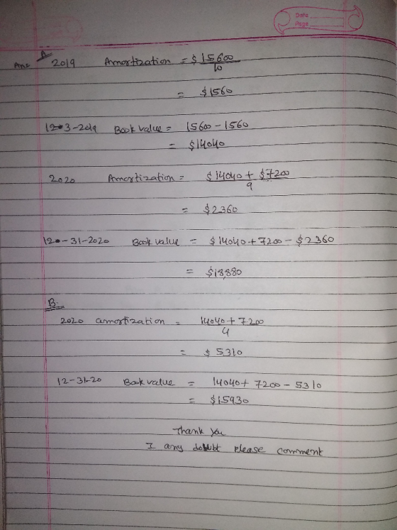 Date 2019 Amortization = $ 15 600 = $1560 123-2014 Book Value = 1560-1560 - $140ko 2020 Amortization § 14040t $7200 9 $ 2360
