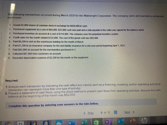 The following transactions occurred during March 2021 for the Wainwright Corporation. The company owns and operates a wholesa