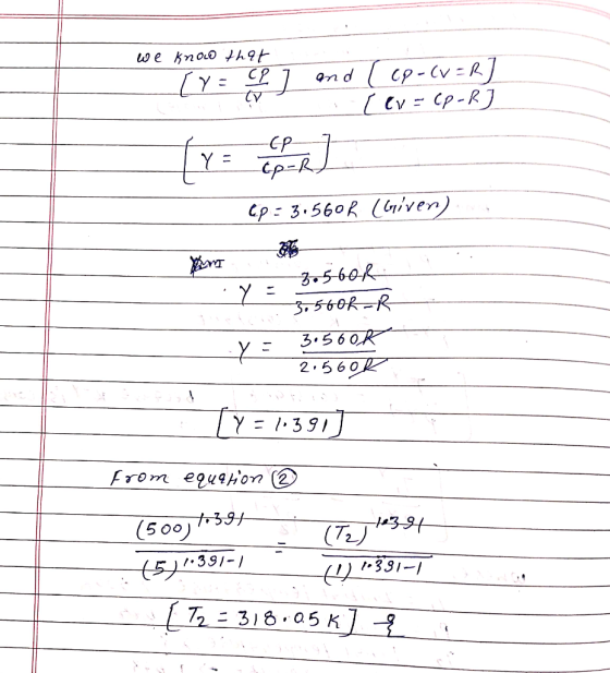 we know theep ] and ev = cp (r = leven (p = 3560R (Given) en y - 35-6. 3.560R-R x= 3.560R 2.560k Y = 1. 391 from equation ® (