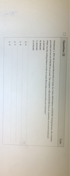 Question 32 2 pts y On January 1, 2015, the Accounts Receivable of Linda, Inc. had a debat balance of 180.000 Dungary, the pr