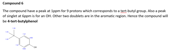 Compound 6 The compound have a peak at 1ppm for 9 protons which corresponds to a tert-butyl group. Also a peak of singlet at