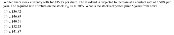 Whited Inc.s stock currently sells for $35.25 per share. The dividend is projected to increase at a constant rate of 3.50% p