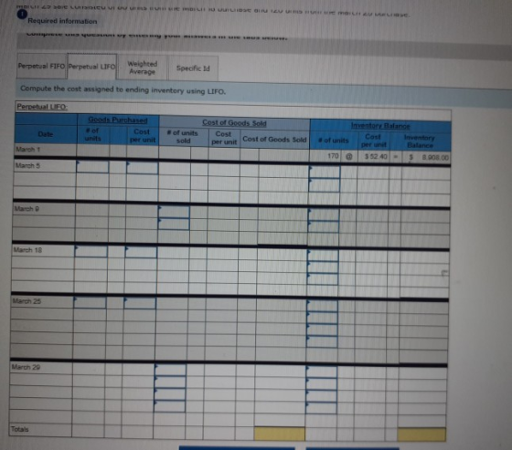 BH 2 SO LUCU I OVU ME MBILIU DE GUVUSIU Required information Perpetual FIFO Perpetual LIFO Weighted Average Specific Id Compu