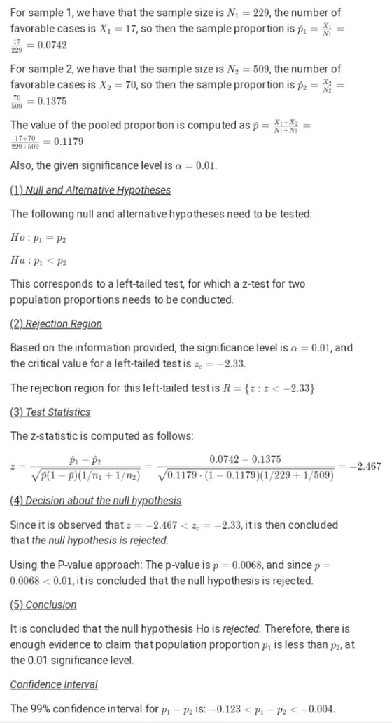 For sample 1, we have that the sample size is N = 229, the number of favorable cases is Xi = 17, so then the sample proportio