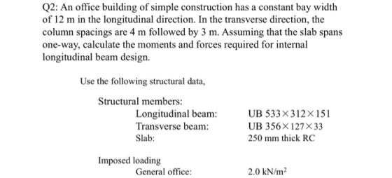 Q2: An office building of simple construction has a constant bay width of 12 m in the longitudinal direction. In the transver