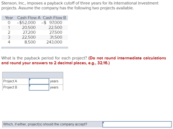 Stenson, Inc., imposes a payback cutoff of three years for its international investment projects. Assume the company has the