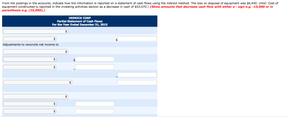 From the postings in the accounts, indicate how the information is reported on a statement of cash flows using the indirect m