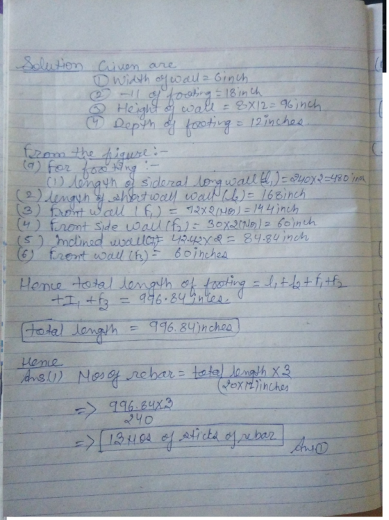 Criven are D width of wall a Ginch 2 -1 of footing = 18 inch ③ Height of wall = 8x12=96 inch Depth of footing = 12inches from