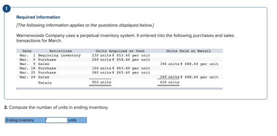 Required information (The following information applies to the questions displayed below.) Warnerwoods Company uses a perpetu