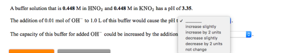 A buffer solution that is 0.448 M in HNO2 and 0.448 M in KNO, has a pH of 3.35. The addition of 0.01 mol of OH to 1.0 L of th