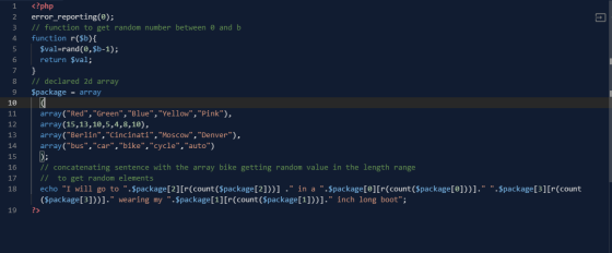 2 4 5 6 7 <?php error_reporting(); // function to get random number between @ and b function r($){ $val=rand(@,$b-1); return