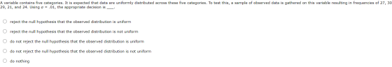 A variable contains five categories. It is expected that data are uniformly distributed across these five categories. To test