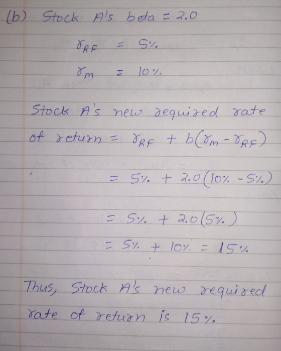 (6) Stock Als beta = 2.0 ORF = 5% &m z 10% Stock As new required rate of return - SRF + b(om - ORE) = 5% + 2.0 (10% - 5%) - 5