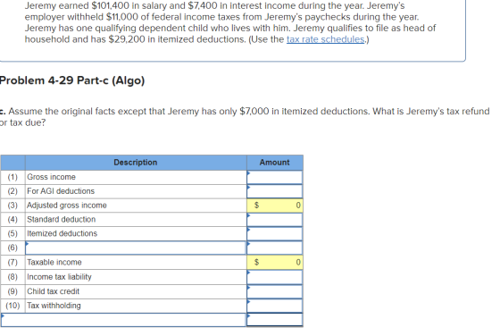 Jeremy earned $101,400 in salary and $7,400 in interest income during the year. Jeremys employer withheld $11,000 of federal