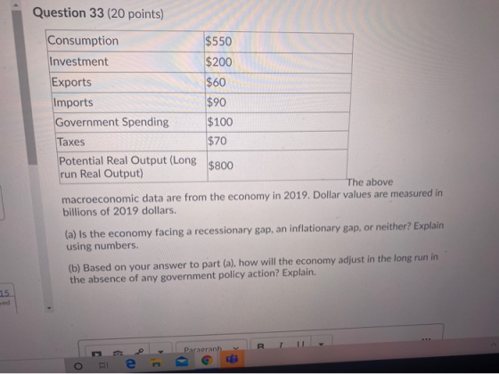 Question 33 (20 points) Consumption $550 Investment $200 Exports $60 Imports $90 Government Spending $100 Taxes $70 Potential