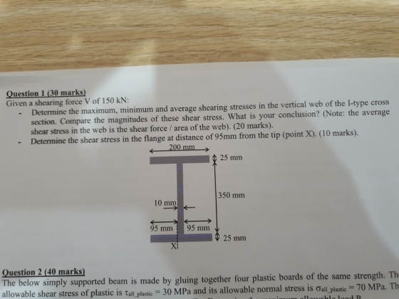Question 1 (30 marks) Given a shearing force V of 150 kN: Determine the maximum, minimum and average shearing stresses in the