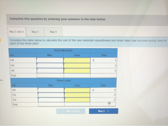 Complete this question by entering your answers in the tabs below. Req 1 and 2 Req3 Req4 Complete the table below to calculat