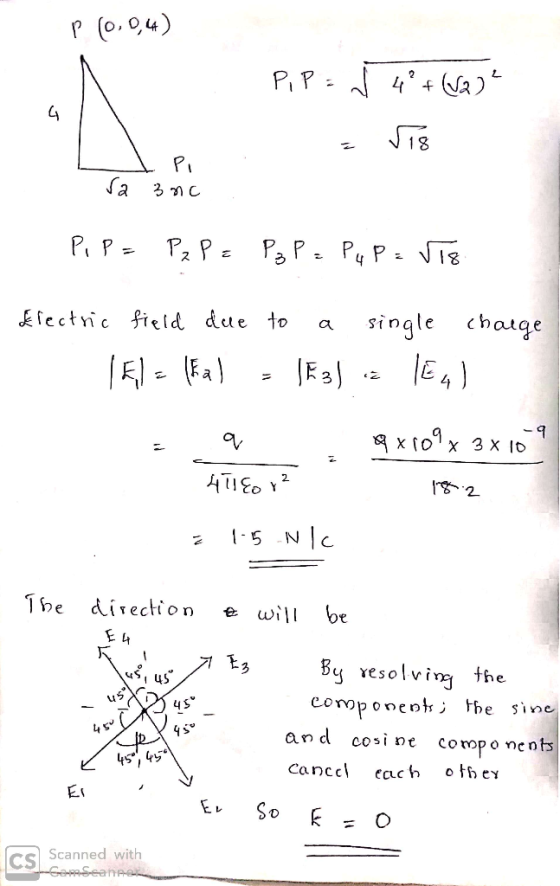 P(0,0,4) P, P = r 4²+(82) - Vis P. : Sa 3nc PIP= P₂P = P₂P = P4 P = V18. Slectric field due to a single charge 15= (kal - 1E