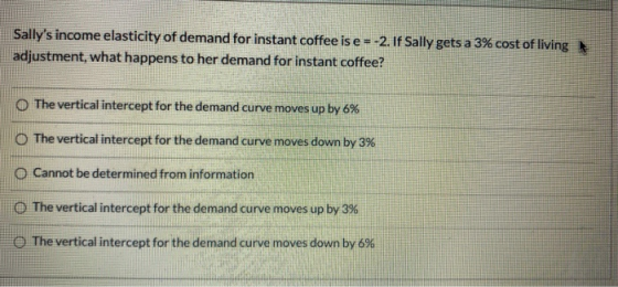 Sallys income elasticity of demand for instant coffee is e = -2. If Sally gets a 3% cost of living adjustment, what happens