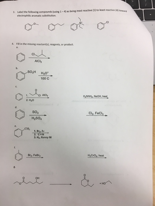3. Label the following compounds (using 1 - 4) as being most reactive (1) to least reactive (4) towana electrophilic aromatic