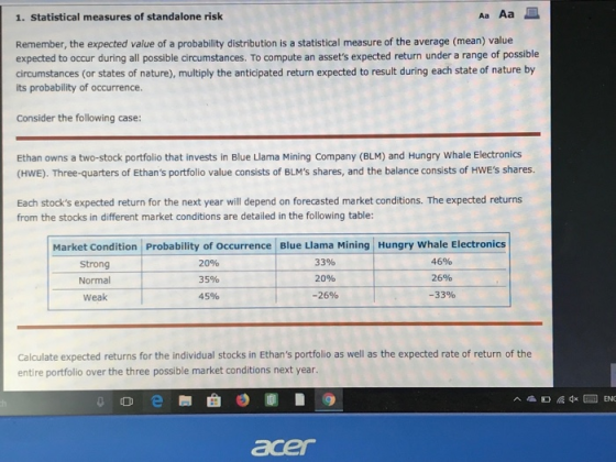 Aa Aa 1. Statistical measures of standalone risk Remember, the expected value of a probability distribution is a statistical