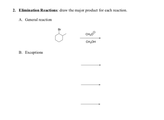 2. Elimination Reactions: draw the major product for each reaction. A. General reaction Br CH,0 CH, OH B. Exceptions