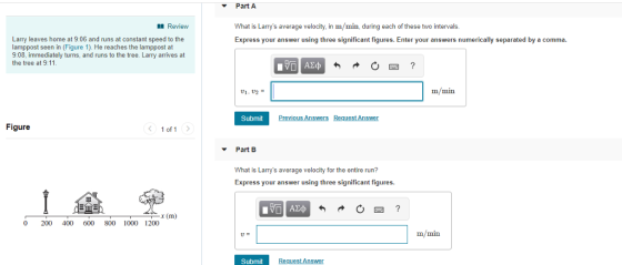 ▼ Part A What is Larrys average velocity, in m/min, during each of these two intervals. Express your answer using three significant figures. Enter your answers numerically separated by a comma. Review Larry leaves home at 9:06 and runs at constant speed to the lamppost seen in (Figure 1). He reaches the lamppost at 9.08, immediately turns, and runs to the tree. Larry arrives at the tree at 9:11 m/min Submit gure < 1of1 Part B What is Larrys average velocity for the entire run? Express your answer using three significant figures. 0 200 400 600 800 1000 1200 m/min Submit Request Answer