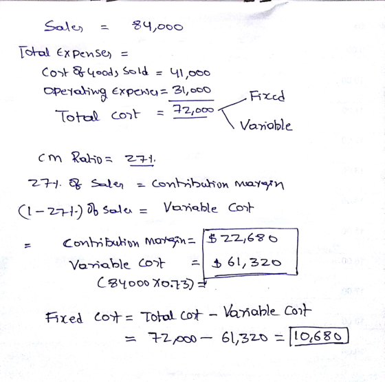 Saley Total Expense) = Total Cont = 72,000 Vaiable 二/ 61,320 门: Variable C 가 fixed co+= Total Cot-k able Cot