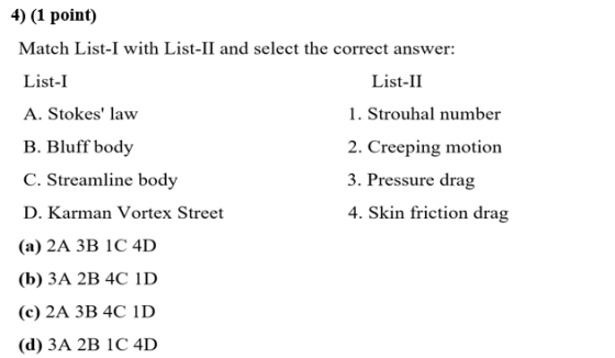 4) (1 point) Match List-I with List-II and select the correct answer: List-I List-II A. Stokes law 1. Strouhal number B. Blu