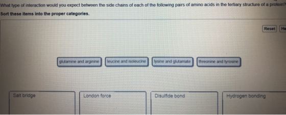 What type of interaction would you expect between the side chains of each of the following pairs of amino acids in the tertia