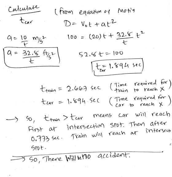 Calculate Motin (from equation of D = Vot to tear 2 9=10 mly F a 32.8 ftiga t tate 100 = (20)++ 32.8 t? t 52.6t=100 t=1.894 s