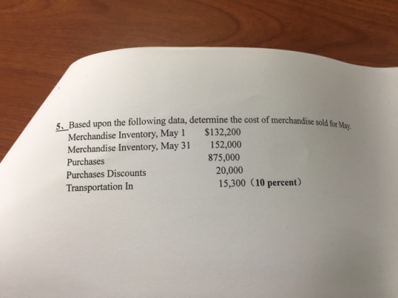 5. Base d upon the following data, determine the cost of merchandise sold for M Merchandise Inventory, May 1 Merchandise Inventory, May 31 Purchases Purchases Discounts Transportation In $132,200 152,000 875,000 20,000 15,300 (10 percent)