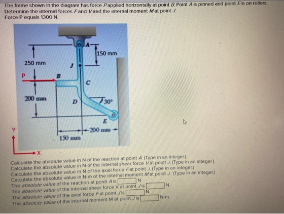 The frame shown in the diagram has force Papplied horizontally at point B. Point A is pinned and point Eis on rollers. Determ