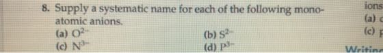 ions 8. Supply a systematic name for each of the following mono- atomic anions, (e) (a) O (C) NS- (b) S? (d) p3- Writing