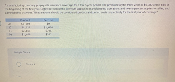 A manufacturing company prepays its insurance coverage for a three-year period. The premium for the three years is $5,280 and