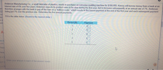 Anderson Manufacturing Co., a small fabricator of plastics, needs to purchase an extrusion molding machine for $100,000 Kerse