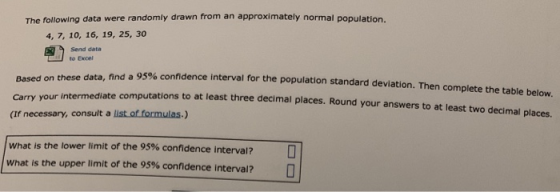 The following data were randomly drawn from an approximately normal population 4, 7, 10, 16, 19, 25, 30 E) Send data to Excel data, find a 95% confidence interval for the population standard deviation. Then complete the table below. intermediate computations to at least three decimal places. Round your answers to at least two decimal places. Based on these (If necessary, consult a list of formulas.) what is the lower limit of the 95% confidence interval? What is the upper limit of the 95% confidence interval?