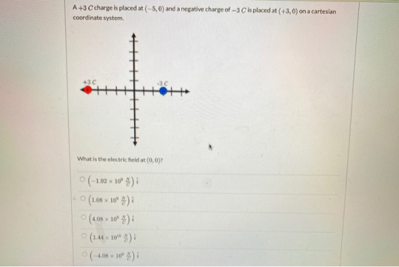 A +3C charge is placed at (-5,0) and a negative charge of -3 C is placed at (+3,0) on a cartesian coordinate system +3C H+ Wh