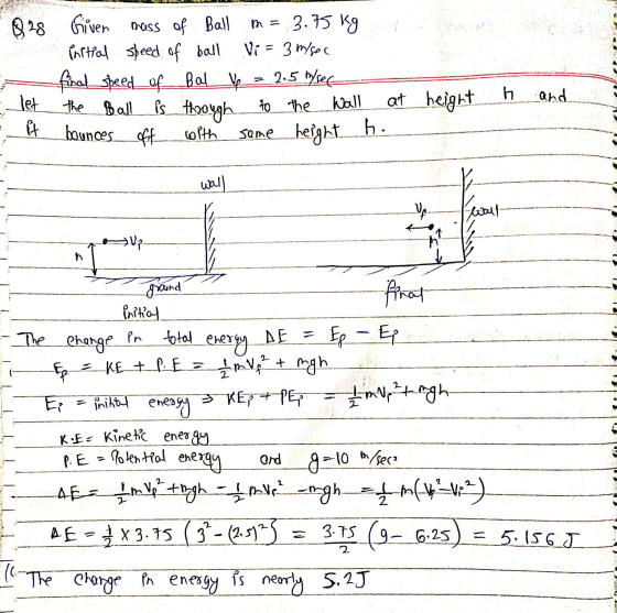 828 o Given mass of Ball m= 3.75 kg d Partial speed of ball Vi= 3 m/sec final speed of Bal Up = 2.5 m/sec the ball is through