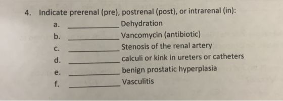 4. Indicate prerenal (pre), postrenal (post), or intrarenal (in): Dehydration Vancomycin (antibiotic) Stenosis of the renal a