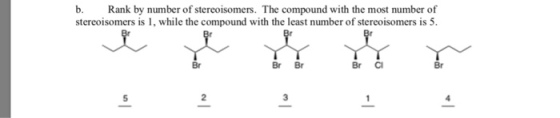 b. Rank by number of stereoisomers. The compound with the most number of stereoisomers is 1, while the compound with the least number of stereoisomers is 5. Br Br Br C 2