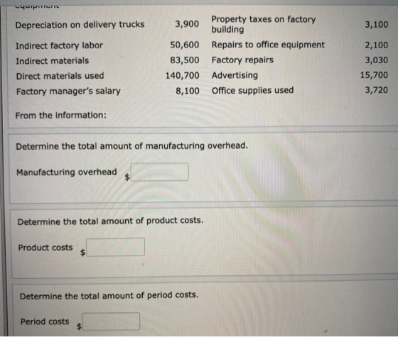 счерпіспе Depreciation on delivery trucks 3,100 Indirect factory labor Indirect materials Direct materials used Factory manag