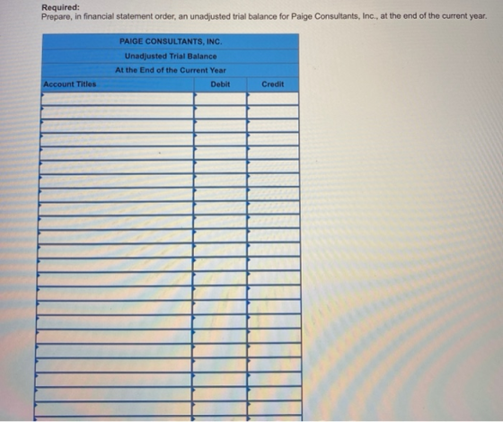 Required: Prepare, in financial statement order, an unadjusted trial balance for Paige Consultants, Inc., at the end of the c