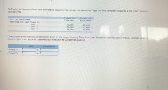 Following is information on two alternative investments being considered by Tiger Co. The company requires a 8% return from i