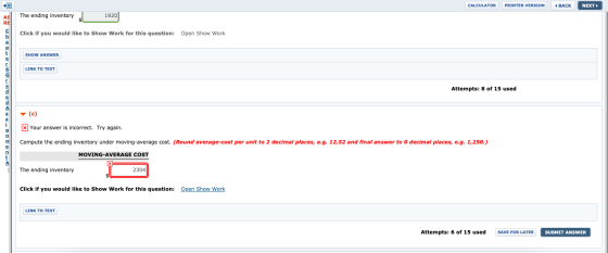 CALCULATOR PRINTER VERSION BACK NEXT The ending inventory 1920 Click if you would like to Show Work for this question: Open S